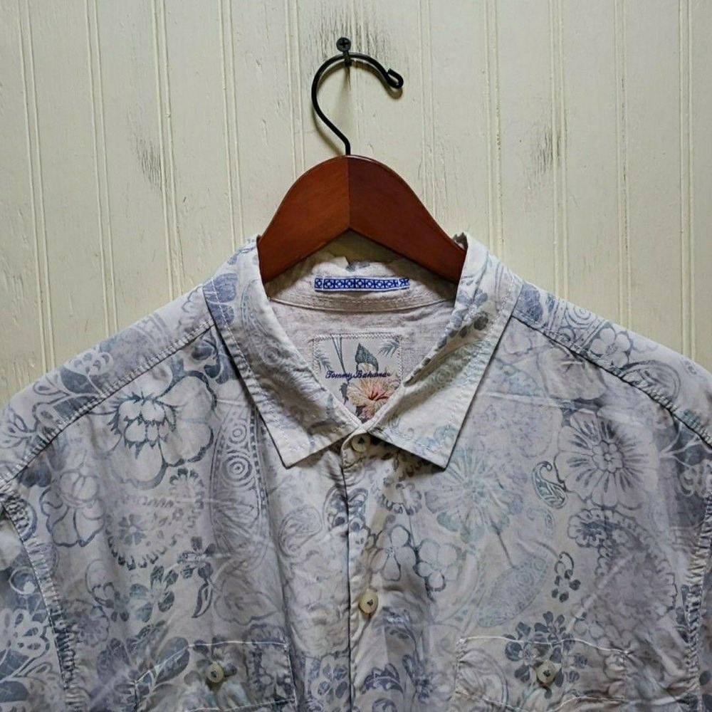 Tommy Bahama Shirt Mens XL White Floral Silk Cotton Short Sleeve Camp Pocket